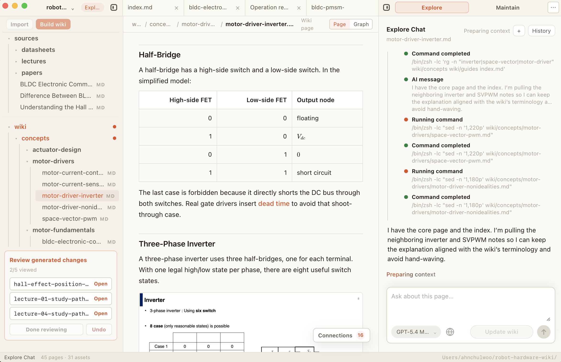 Maple desktop workspace showing a source tree, generated wiki page, and Explore Chat.